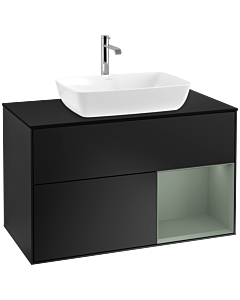 Villeroy und Boch Finion Waschtischunterschrank F782GMPD 100cm, Abdeckplatte black matt, Regale Olive matt lacquer, Black matt lacquer