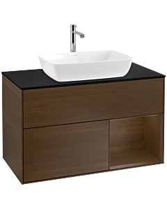 Villeroy und Boch Finion Waschtischunterschrank F782GNGN 100cm, Abdeckplatte black matt, Regale Walnut Veneer, Walnut veneer