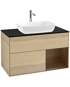 Villeroy und Boch Finion Waschtischunterschrank F782GNPC 100cm, Abdeckplatte black matt, Regale Walnut Veneer, Oak Veneer