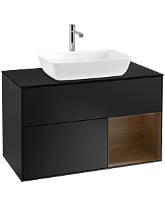 Villeroy und Boch Finion Waschtischunterschrank F782GNPD 100cm, Abdeckplatte black matt, Regale Walnut Veneer, Black matt lacquer