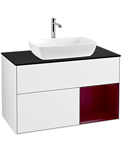 Villeroy und Boch Finion Waschtischunterschrank F782HBGF 100cm, Abdeckplatte black matt, Regale Peony matt lacquer, Glossy white lacquer