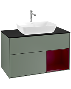 Villeroy und Boch Finion Waschtischunterschrank F782HBGM 100cm, Abdeckplatte black matt, Regale Peony matt lacquer, Olive Matt Lacquer