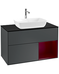 Villeroy und Boch Finion Waschtischunterschrank F782HBHG 100cm, Abdeckplatte black matt, Regale Peony matt lacquer, Midnight Blue Matt Lacquer