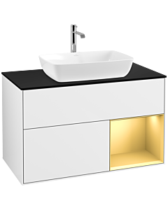 Villeroy und Boch Finion Waschtischunterschrank F782HFGF 100cm, Abdeckplatte black matt, Regale Gold matt lacquer, Glossy white lacquer