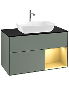 Villeroy und Boch Finion Waschtischunterschrank F782HFGM 100cm, Abdeckplatte black matt, Regale Gold matt lacquer, Olive Matt Lacquer