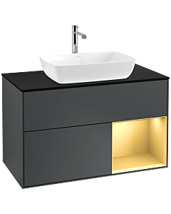 Villeroy und Boch Finion Waschtischunterschrank F782HFHG 100cm, Abdeckplatte black matt, Regale Gold matt lacquer, Midnight Blue Matt Lacquer
