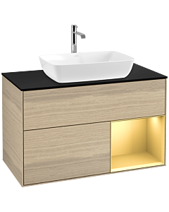 Villeroy und Boch Finion Waschtischunterschrank F782HFPC 100cm, Abdeckplatte black matt, Regale Gold matt lacquer, Oak Veneer