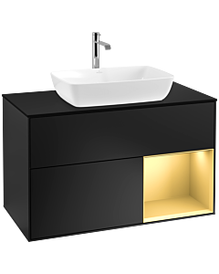 Villeroy und Boch Finion Waschtischunterschrank F782HFPD 100cm, Abdeckplatte black matt, Regale Gold matt lacquer, Black matt lacquer