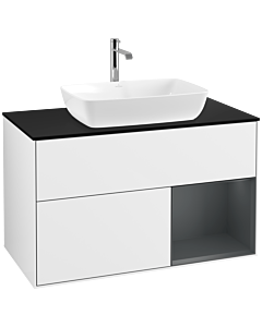 Villeroy und Boch Finion Waschtischunterschrank F782HGGF 100cm, Abdeckplatte black matt, Regale Midnight matt lacquer, Glossy white lacquer