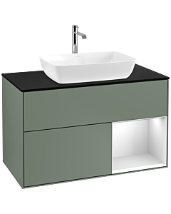 Villeroy und Boch Finion Waschtischunterschrank F782MTGM 100cm, Abdeckplatte black matt, Regale White matt lacquer, Olive Matt Lacquer