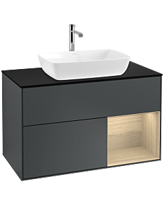 Villeroy und Boch Finion Waschtischunterschrank F782PCHG 100cm, Abdeckplatte black matt, Regale Oak Veneer, Midnight Blue Matt Lacquer
