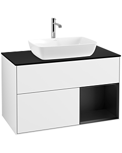 Villeroy und Boch Finion Waschtischunterschrank F782PDGF 100cm, Abdeckplatte black matt, Regale Black matt lacquer, Glossy white lacquer