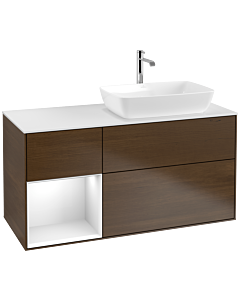 Villeroy und Boch Finion Waschtischunterschrank F801GFGN 120cm, Abdeckplatte white matt, Regale Glossy white lacquer, Walnut veneer