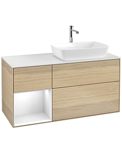 Villeroy und Boch Finion Villeroy und Boch F801GFPC 120cm, plaque de finition blanc mat, étagères laqué blanc brillant, Oak Veneer