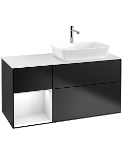 Villeroy und Boch Finion Villeroy und Boch F801GFPD 120cm, plaque de recouvrement blanc mat, étagères laqué blanc brillant, laqué noir mat