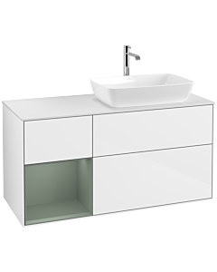 Villeroy und Boch Finion Waschtischunterschrank F801GMGF 120cm, Abdeckplatte white matt, Regale Olive matt lacquer, Glossy white lacquer