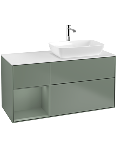 Villeroy und Boch Finion Waschtischunterschrank F801GMGM 120cm, Abdeckplatte white matt, Regale Olive matt lacquer, Olive Matt Lacquer