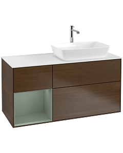 Villeroy und Boch Finion Waschtischunterschrank F801GMGN 120cm, Abdeckplatte white matt, Regale Olive matt lacquer, Walnut veneer