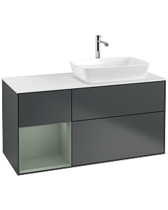 Villeroy und Boch Finion Waschtischunterschrank F801GMHG 120cm, Abdeckplatte white matt, Regale Olive matt lacquer, Midnight Blue Matt Lacquer