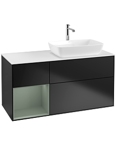 Villeroy und Boch Finion Waschtischunterschrank F801GMPD 120cm, Abdeckplatte white matt, Regale Olive matt lacquer, Black matt lacquer