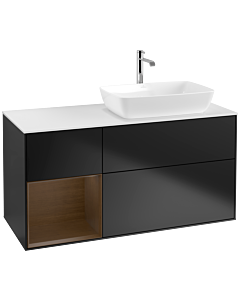 Villeroy und Boch Finion Waschtischunterschrank F801GNPD 120cm, Abdeckplatte white matt, Regale Walnut Veneer, Black matt lacquer