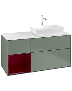 Villeroy und Boch Finion Waschtischunterschrank F801HBGM 120cm, Abdeckplatte white matt, Regale Peony matt lacquer, Olive Matt Lacquer