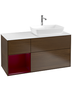 Villeroy und Boch Finion Waschtischunterschrank F801HBGN 120cm, Abdeckplatte white matt, Regale Peony matt lacquer, Walnut veneer