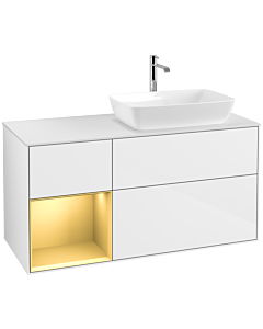 Villeroy und Boch Finion Waschtischunterschrank F801HFGF 120cm, Abdeckplatte white matt, Regale Gold matt lacquer, Glossy white lacquer