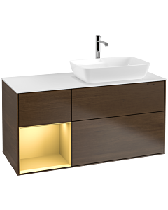 Villeroy und Boch Finion Waschtischunterschrank F801HFGN 120cm, Abdeckplatte white matt, Regale Gold matt lacquer, Walnut veneer