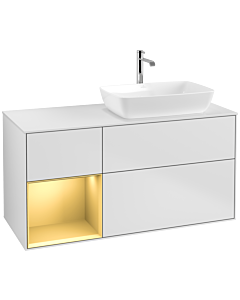 Villeroy und Boch Finion Waschtischunterschrank F801HFMT 120cm, Abdeckplatte white matt, Regale Gold matt lacquer, White matt lacquer