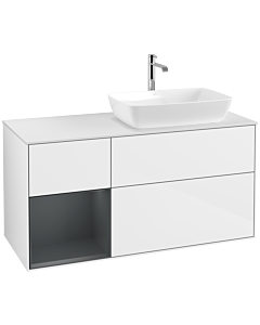 Villeroy und Boch Finion Waschtischunterschrank F801HGGF 120cm, Abdeckplatte white matt, Regale Midnight matt lacquer, Glossy white lacquer