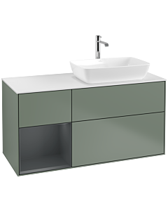 Villeroy und Boch Finion Waschtischunterschrank F801HGGM 120cm, Abdeckplatte white matt, Regale Midnight matt lacquer, Olive Matt Lacquer