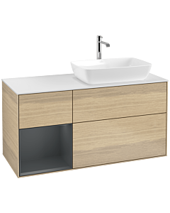 Villeroy und Boch Finion Villeroy und Boch F801HGPC 120cm, plaque de finition blanc mat, étagères laqué mat minuit, Oak Veneer