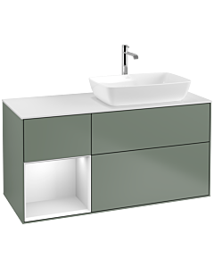 Villeroy und Boch Finion Villeroy und Boch F801MTGM 120cm, plaque de finition blanc mat, étagères laqué blanc mat, Olive Matt Lacquer