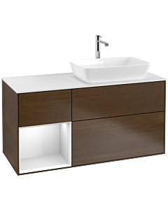 Villeroy und Boch Finion Waschtischunterschrank F801MTGN 120cm, Abdeckplatte white matt, Regale White matt lacquer, Walnut veneer