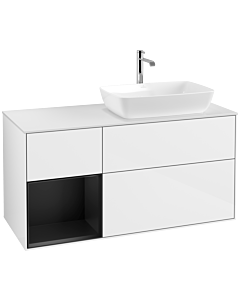 Villeroy und Boch Finion Villeroy und Boch F801PDGF 120cm, plaque de recouvrement blanc mat, étagères laqué noir mat, laqué blanc brillant