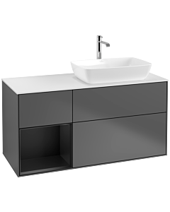 Villeroy und Boch Finion Waschtischunterschrank F801PDGK 120cm, Abdeckplatte white matt, Regale Black matt lacquer, Anthracite matt