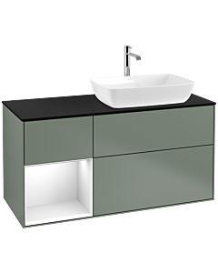 Villeroy und Boch Finion Waschtischunterschrank F802GFGM 120cm, Abdeckplatte black matt, Regale Glossy white lacquer, Olive Matt Lacquer