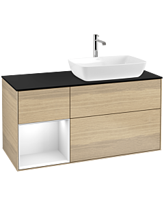 Villeroy und Boch Finion Waschtischunterschrank F802GFPC 120cm, Abdeckplatte black matt, Regale Glossy white lacquer, Oak Veneer