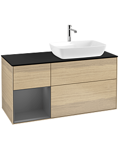 Villeroy und Boch Finion Waschtischunterschrank F802GKPC 120cm, Abdeckplatte black matt, Regale Anthracite matt lacquer, Oak Veneer