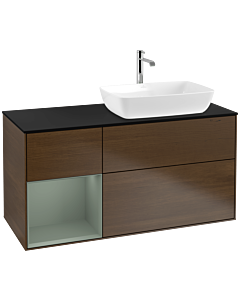 Villeroy und Boch Finion Waschtischunterschrank F802GMGN 120cm, Abdeckplatte black matt, Regale Olive matt lacquer, Walnut veneer