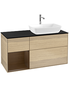 Villeroy und Boch Finion Waschtischunterschrank F802GNPC 120cm, Abdeckplatte black matt, Regale Walnut Veneer, Oak Veneer