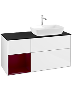 Villeroy und Boch Finion Waschtischunterschrank F802HBGF 120cm, Abdeckplatte black matt, Regale Peony matt lacquer, Glossy white lacquer