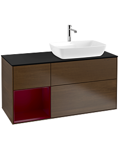 Villeroy und Boch Finion Waschtischunterschrank F802HBGN 120cm, Abdeckplatte black matt, Regale Peony matt lacquer, Walnut veneer