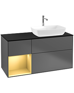 Villeroy und Boch Finion Waschtischunterschrank F802HFGK 120cm, Abdeckplatte black matt, Regale Gold matt lacquer, Anthracite matt