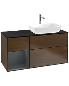 Villeroy und Boch Finion Waschtischunterschrank F802HGGN 120cm, Abdeckplatte black matt, Regale Midnight matt lacquer, Walnut veneer