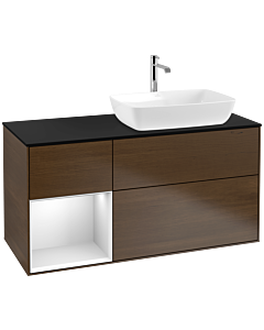 Villeroy und Boch Finion Waschtischunterschrank F802MTGN 120cm, Abdeckplatte black matt, Regale White matt lacquer, Walnut veneer