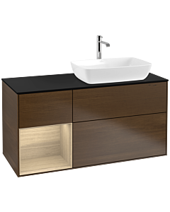 Villeroy und Boch Finion Waschtischunterschrank F802PCGN 120cm, Abdeckplatte black matt, Regale Oak Veneer, Walnut veneer