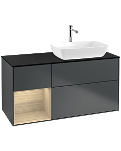 Villeroy und Boch Finion Waschtischunterschrank F802PCHG 120cm, Abdeckplatte black matt, Regale Oak Veneer, Midnight Blue Matt Lacquer