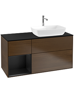 Villeroy und Boch Finion Waschtischunterschrank F802PDGN 120cm, Abdeckplatte black matt, Regale Black matt lacquer, Walnut veneer